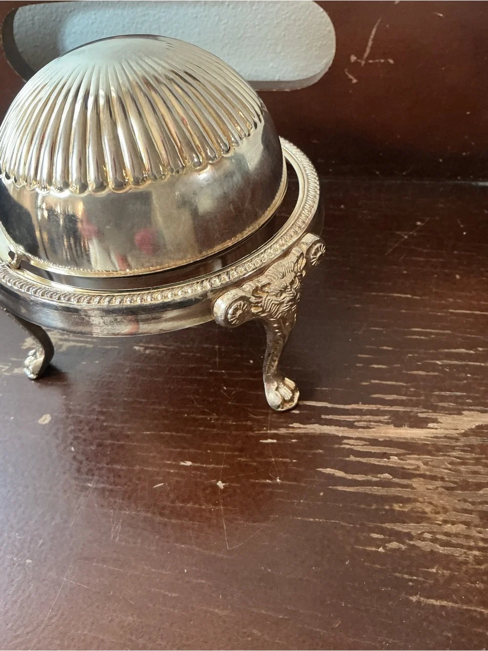 Vintage Silver Plate Roll Top Lid Caviar Butter Dish Server Lion Heads Claw Feet
